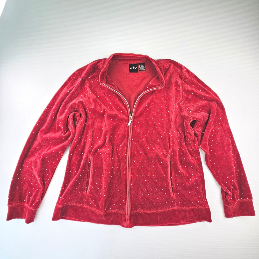 Erika Vintage Red Velour Polka Dot Zip Up Jacket Y2K 90s Large